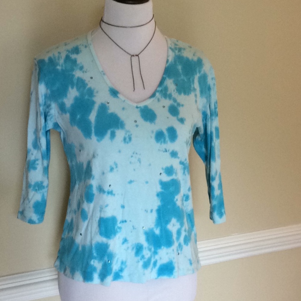 Xcit moda aqua/white tie dye 3/4 sleeve tee